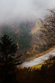 Misty Autumn Valley With River And Forest
