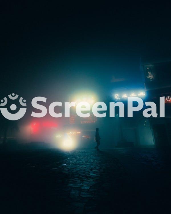 Moody Night Scene In Foggy Neon Lit Street